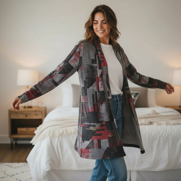 SOUTHERN LADY | Open Front Multi-Color Geo Print Casual Cardigan - Picture 1 of 6